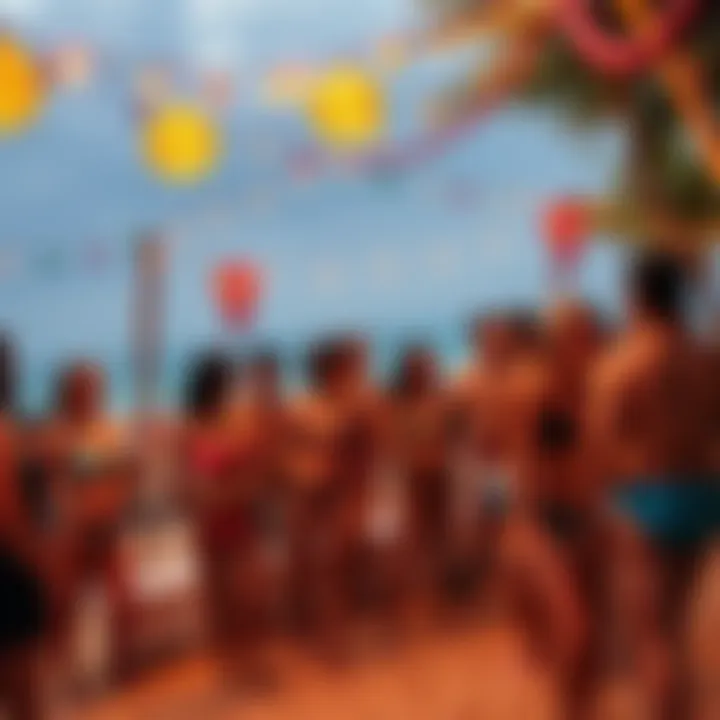 People enjoying a beach party with swimsuits and festive decorations for the anniversary celebration