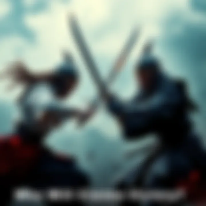 Two sword masters engaged in an intense duel with swords drawn, showcasing their skills and determination.