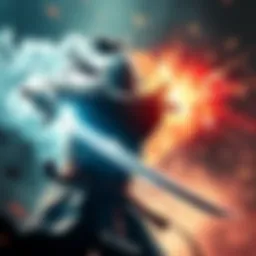 Sword and Haki Clash A warrior strikes with a sword infused with Haki, depicting a fierce battle scene that contrasts sword techniques and blunt strikes.