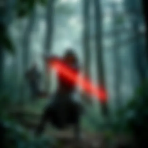 A swordsman practicing in a dense forest, focusing on their technique while dealing with physical and mental challenges.