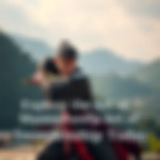 A person in traditional attire practicing sword techniques with a sword in hand against a scenic background