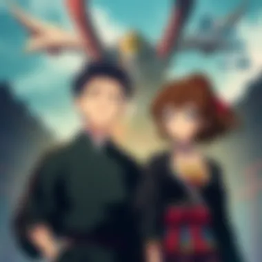 Characters from Swordsmith Village Arc Muichiro and Mitsuri standing together with Hantengu in the background, showing contrasting expressions.