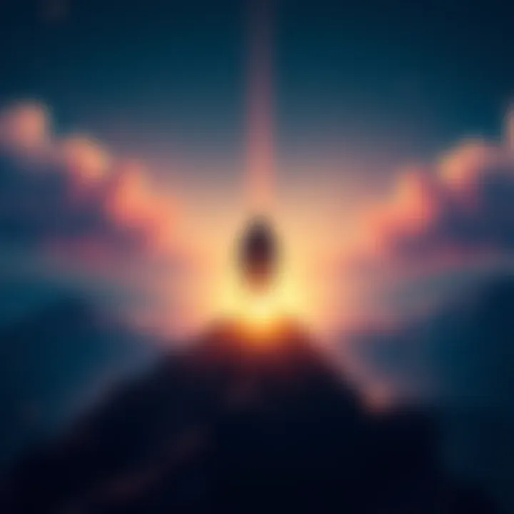 A glowing figure standing on a mountain peak, symbolizing hope and leadership in modern society.