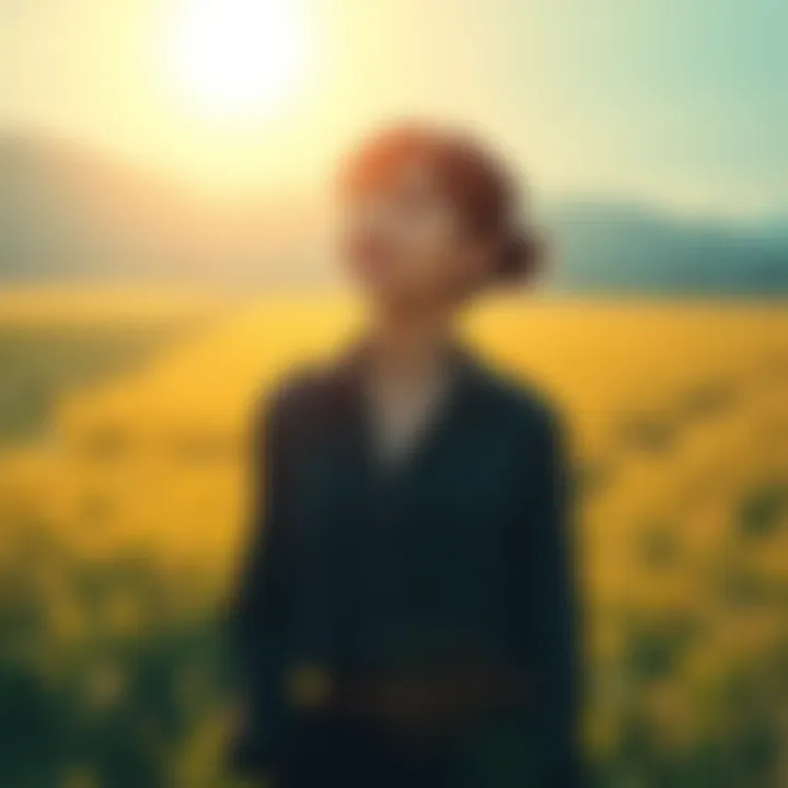 Taeko stands in a sunlit countryside, gazing thoughtfully at the fields, symbolizing her journey of self-reflection and nostalgia.