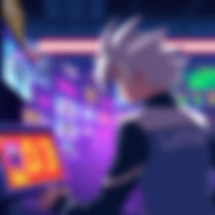 Illustration showing Taggeta in a gaming environment, with a scoreboard displaying a 0/3 performance and thinking about friendship gear for Trunks and Mai.