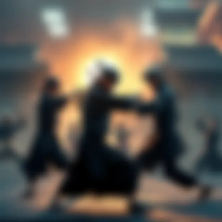 A group of shinobi practicing taijutsu in a training area, demonstrating hand-to-hand combat techniques.
