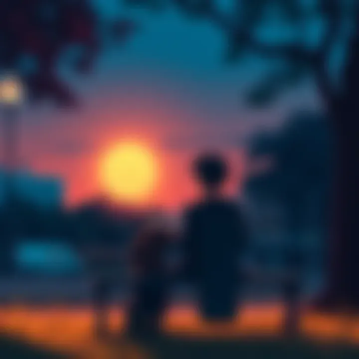 A thoughtful person sitting on a park bench, looking contemplative, with a soft sunset in the background.