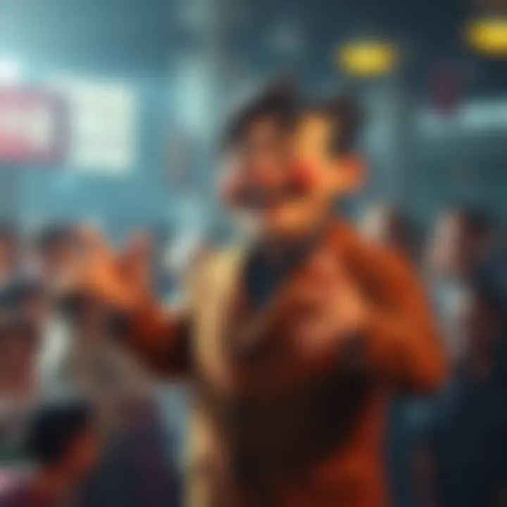 Takaba using comedy techniques Takaba, a character with a comedic expression, stands in front of a crowd, attempting to reverse bad outcomes through humor. His gestures show confidence and creativity as laughter surrounds him.