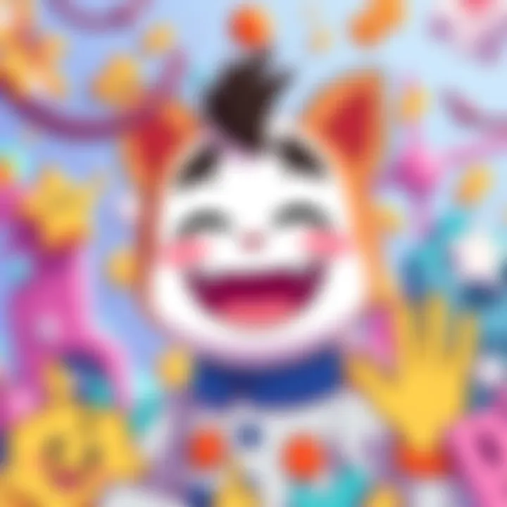 A cheerful character, Takaba, with a playful smile, surrounded by colorful Modulo elements, showcasing humor and light-heartedness.