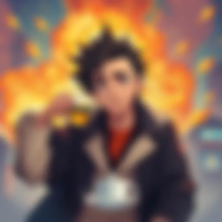 Takaba Sips Tea Amid Explosions A character named Takaba calmly sips tea while explosions occur in the background, creating a humorously chaotic scene.