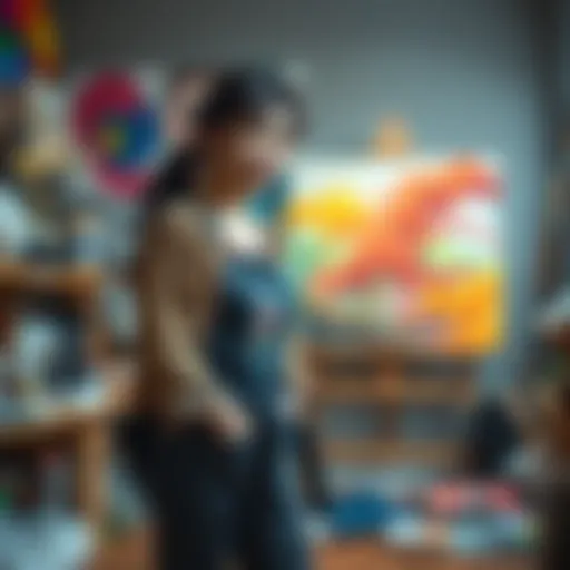 Takako Uro stands in her studio, surrounded by colorful paintings and art supplies, showcasing her creative process.