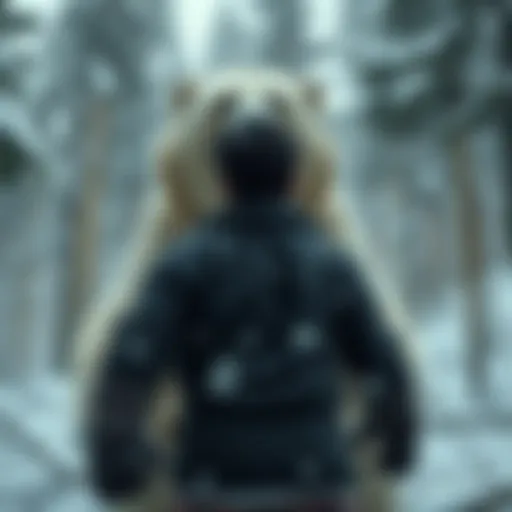 Takamura stands strong in a forest, facing a bear, ready for a fierce battle.