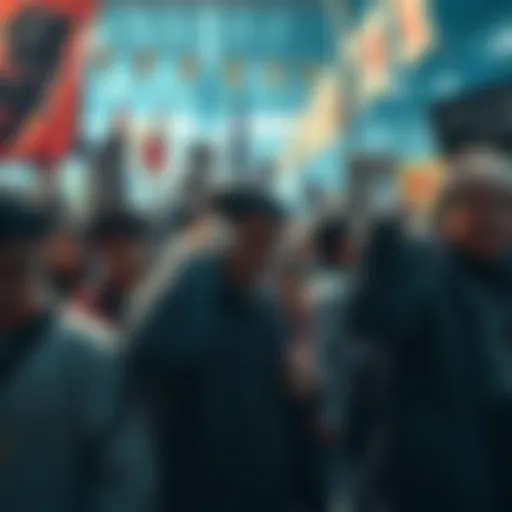 A group of Takamura fans showing heartbreak and disappointment, gathered in a lively environment with banners and memorabilia, reflecting their support and current turmoil.