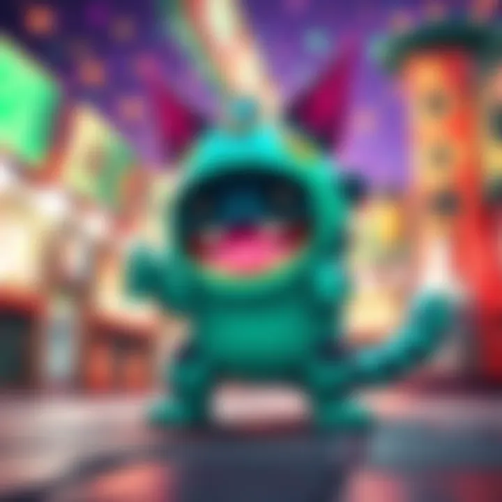 A colorful takodachi with a cosmic creature making a wah sound in a playful setting on Tomodachi Island.