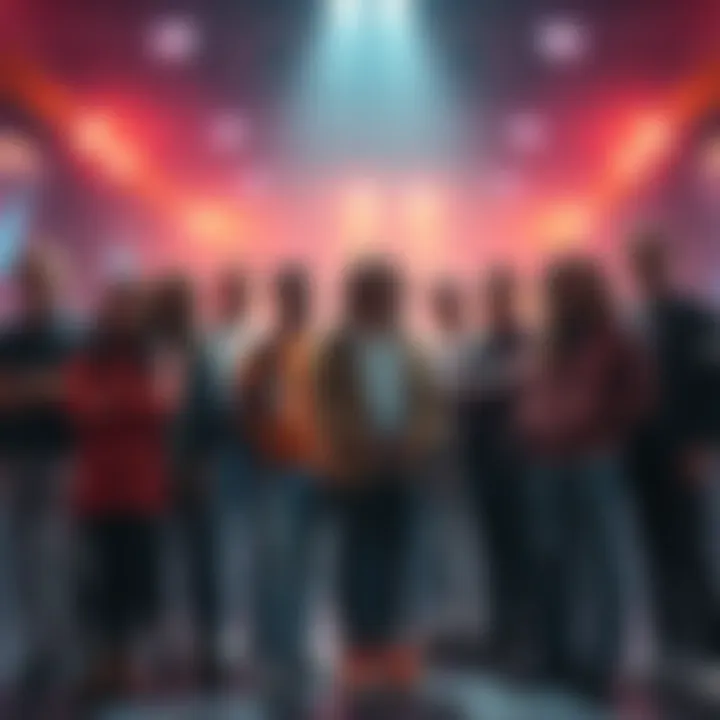 Group of individuals showcasing their talents, standing together in a unified display, with Naidan in the spotlight.