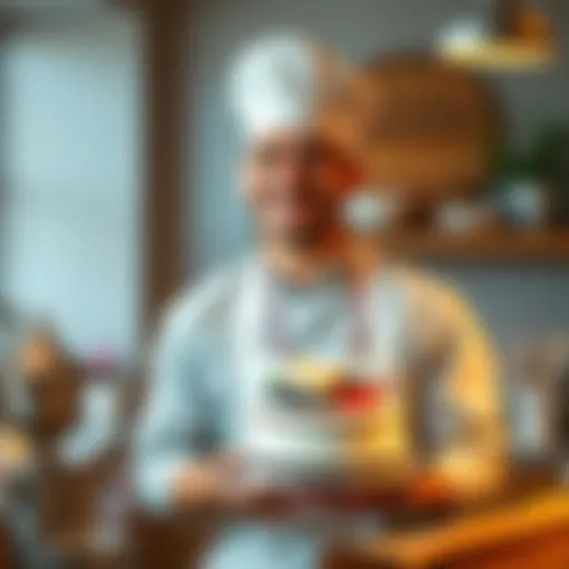 A 6'6'' dessert baker stands in a kitchen, holding a beautifully decorated cake, showcasing baking skills and charm while looking hopeful about love.