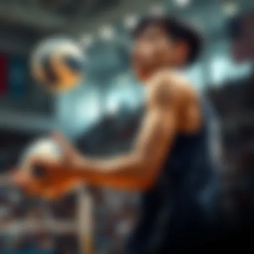 Tanaka in a volleyball uniform, focused and ready to serve the ball during a match, with the crowd in the background cheering.
