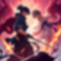 A fierce character standing ready to confront Tanjiro in an intense duel, with dramatic expressions and action poses