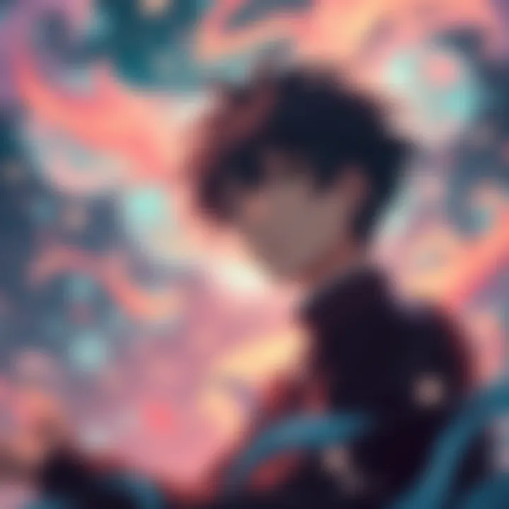 Tanjiro appears to be dreaming while surrounded by swirling colors and soft imagery of another character's world.