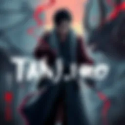 Tanjiro standing with torn clothes, shielding Nezuko from danger as a demon looms in the background.