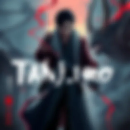 Tanjiro standing with torn clothes, shielding Nezuko from danger as a demon looms in the background.
