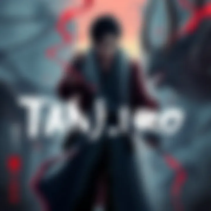 Tanjiro standing with torn clothes, shielding Nezuko from danger as a demon looms in the background.