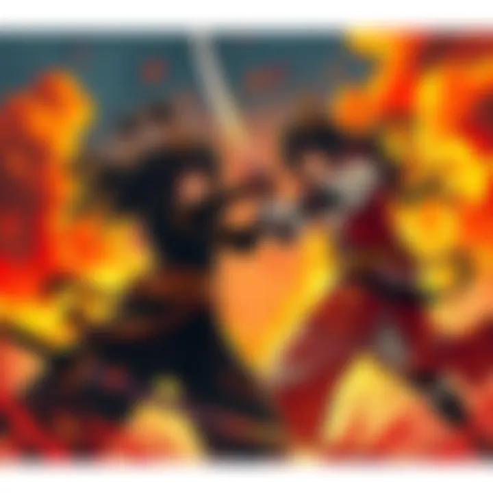 An intense battle scene showing Tanjiro and Rengoku clashing swords with fiery backgrounds, highlighting their determination and skills.