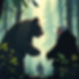 A dramatic scene of Tanjiro's dad facing a bear in a forest, showing a mix of determination and caution.