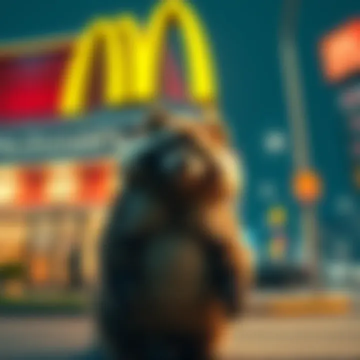 A Tanuki stands out in front of a McDonald's, showcasing its adaptability in the city.