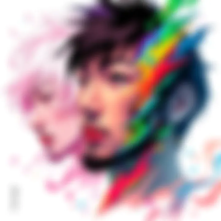 Illustration showing the transformation of Taro Sakamoto, highlighting different artistic styles and colors throughout the process.