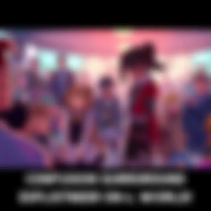 Tashigi interacts with a character from Attack on Titan in a vibrant scene, surrounded by fans discussing the unexpected crossover.