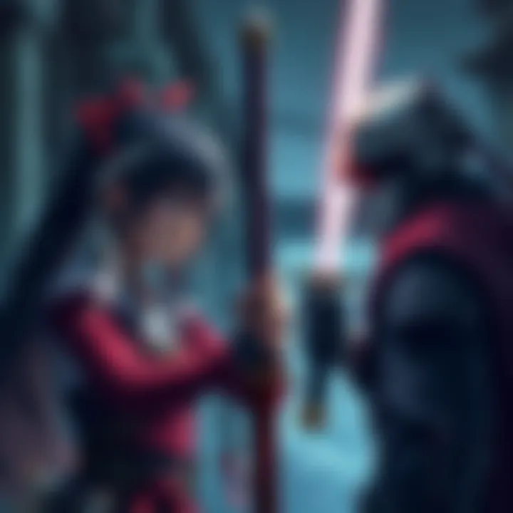 Tashigi stands ready with a sword, facing a bounty hunter in a tense standoff, highlighting her views on justice and morality.