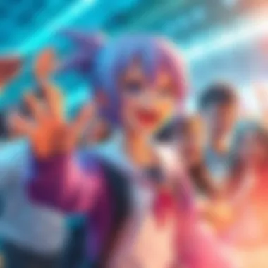 Tashigi getting distracted while trying to focus, making funny faces and gesturing wildly, surrounded by amused fans.