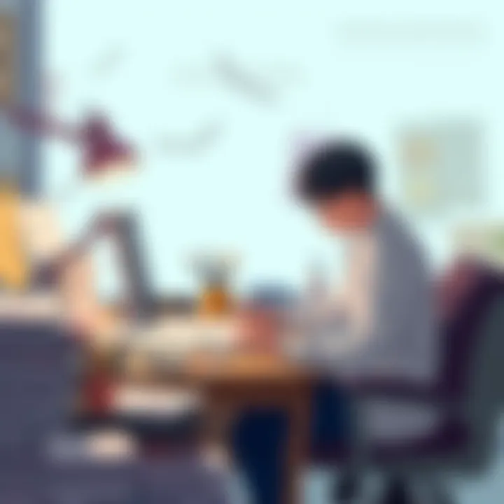 Tatsuki Fujimoto at work Tatsuki Fujimoto sitting at his desk, sketching characters and writing, with papers and art supplies around him.