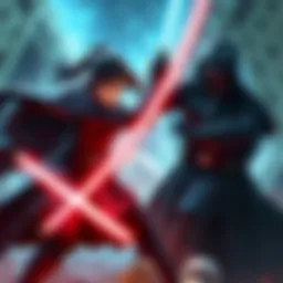 Tatsumaki in an intense fight against Anakin Skywalker and Darth Vader, showcasing her powers in a dramatic duel.