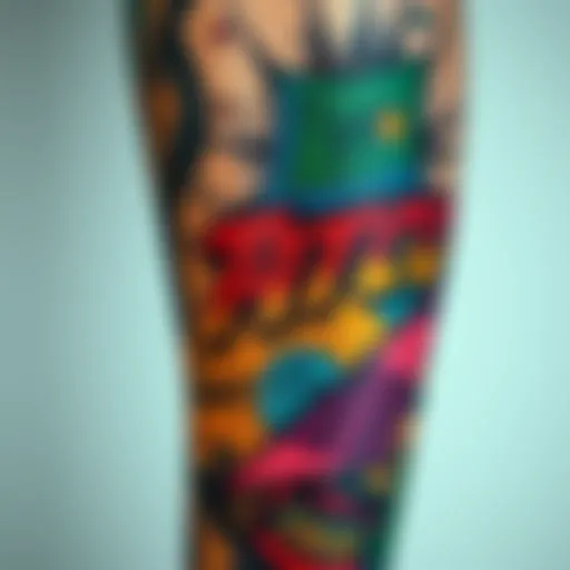 A close-up of a colorful tattoo depicting a favorite comic panel, showcasing bold lines and vibrant colors, symbolizing passion and personal connection to the artwork.