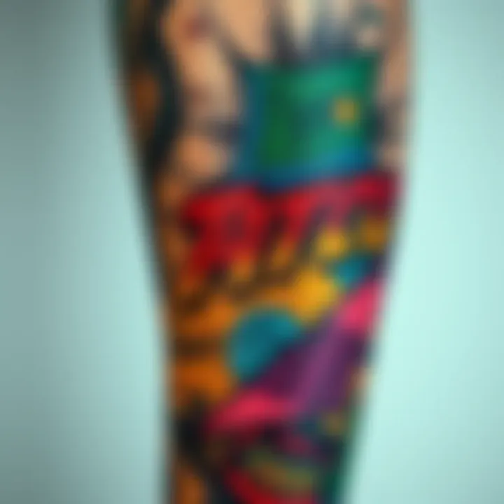 A close-up of a colorful tattoo depicting a favorite comic panel, showcasing bold lines and vibrant colors, symbolizing passion and personal connection to the artwork.