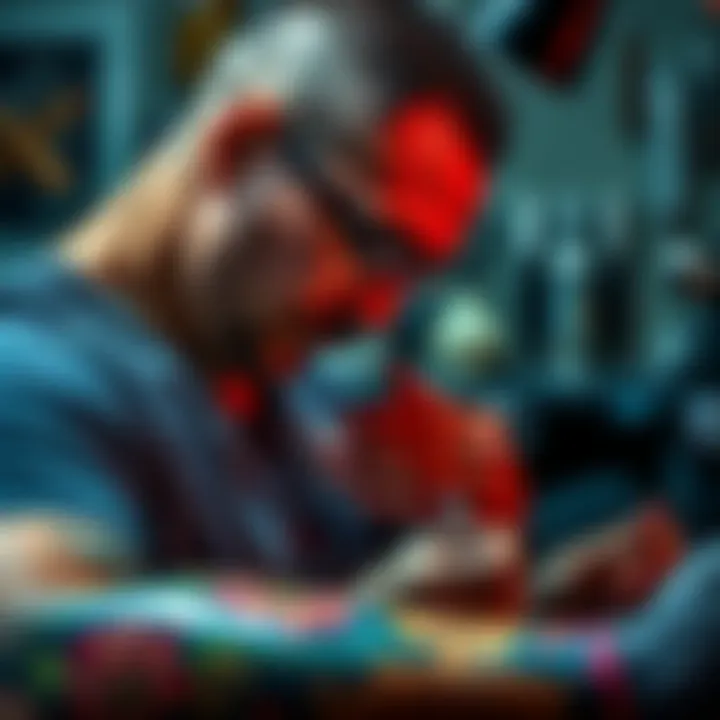 A tattoo artist carefully applying ink to a client's arm, showcasing intricate designs and vibrant colors.
