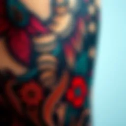 A close-up of a detailed tattoo showcasing intricate designs and vibrant colors