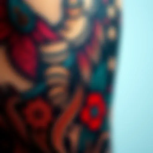 A close-up of a detailed tattoo showcasing intricate designs and vibrant colors