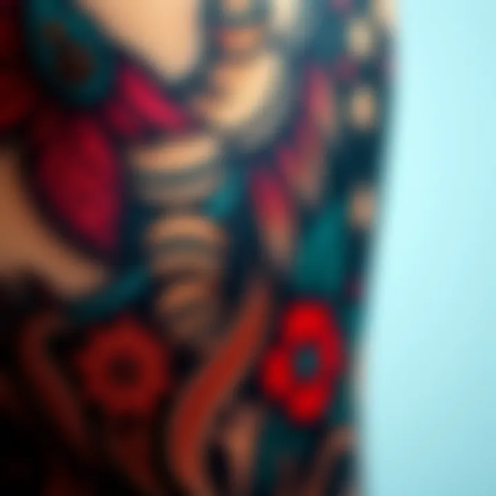 A close-up of a detailed tattoo showcasing intricate designs and vibrant colors
