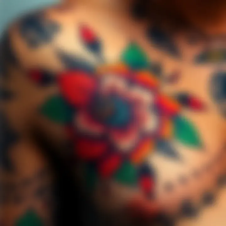 A colorful tattoo design on skin featuring floral and abstract elements, showcasing enhancements and details.