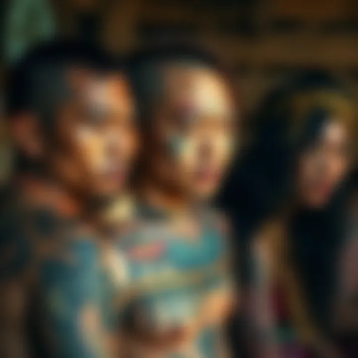 A group of individuals displaying traditional tattoos that represent their identity and cultural connections in the Gachiakuta community