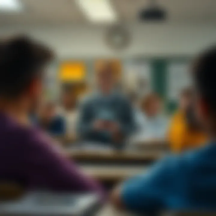 A teacher speaking to students in a classroom while parents express concern in the background.