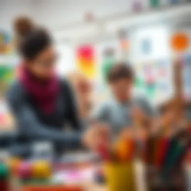 Teacher and student bonding through art A teacher and student share a moment of creativity while painting together in a bright classroom filled with colorful artwork.