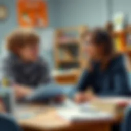 Teacher and Student Interaction A teacher and student engaged in a friendly discussion in a classroom setting, with books and learning materials around them