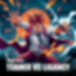 An intense confrontation between a teacher and a villain, showcasing dynamic action and energy in an anime-style artwork