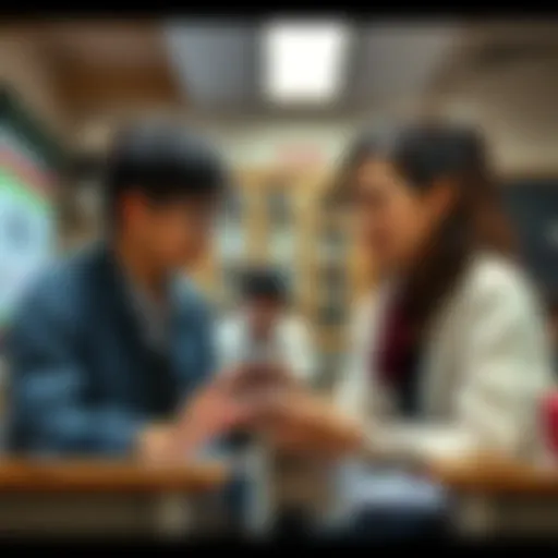 Two teachers engaging with students in a Tokyo classroom, showcasing their unique teaching styles and dynamic interactions.