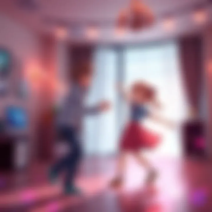 A person joyfully teaching Natsu how to dance in a bright room