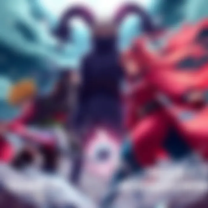 Mitsuki and Sarada from Team 7 face off against Tsunade, Jiraiya, and Orochimaru in an intense battle scene.